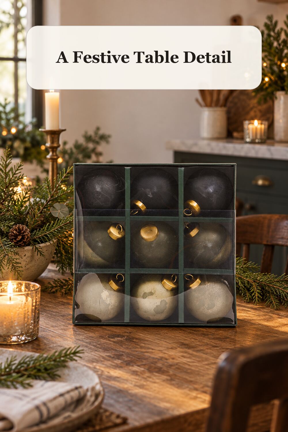 Set Of 9 Glass Ornaments styled in a warm, realistic christmas home setting.