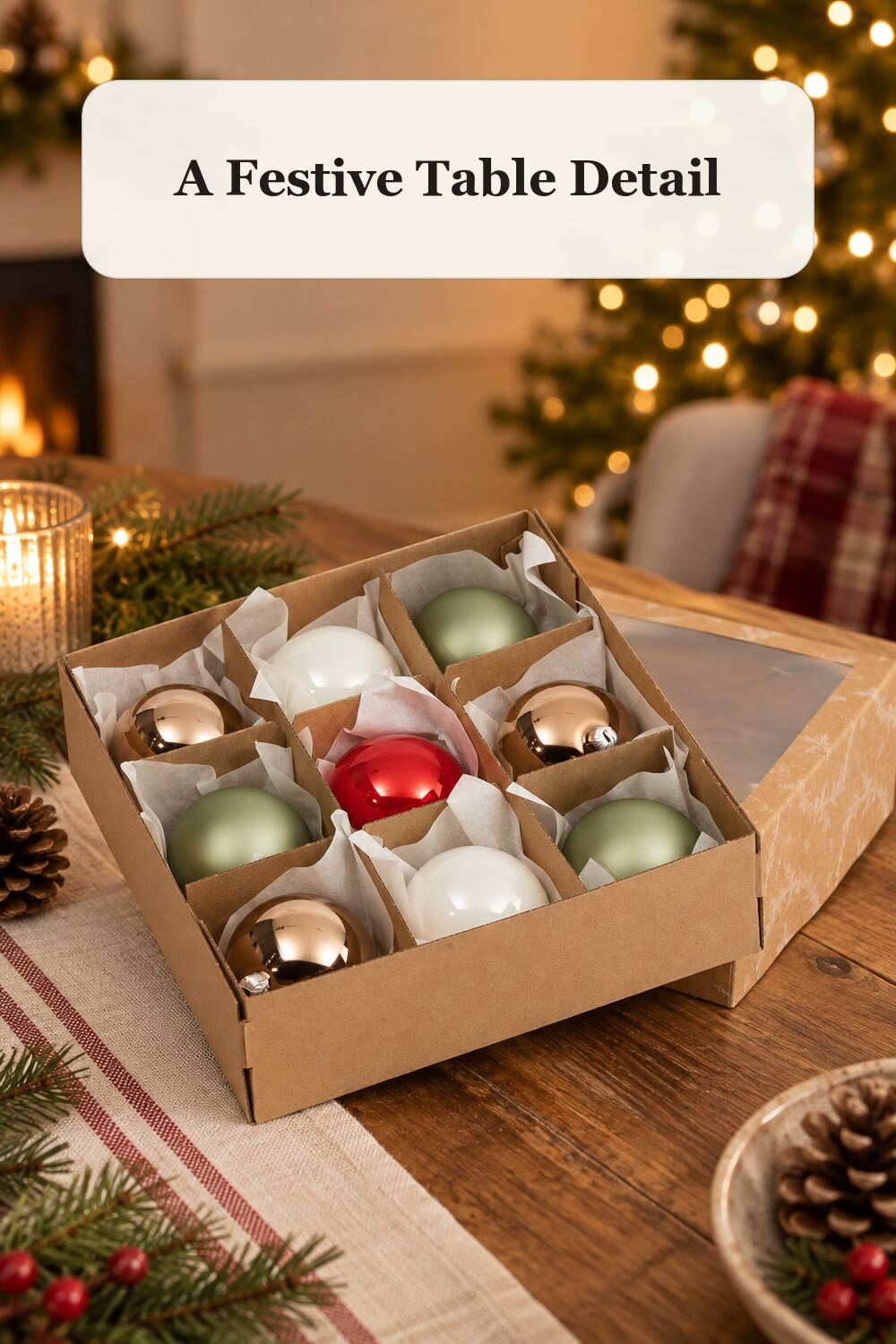 3in Set Of 9 Glass Ornaments styled in a warm, realistic christmas home setting.