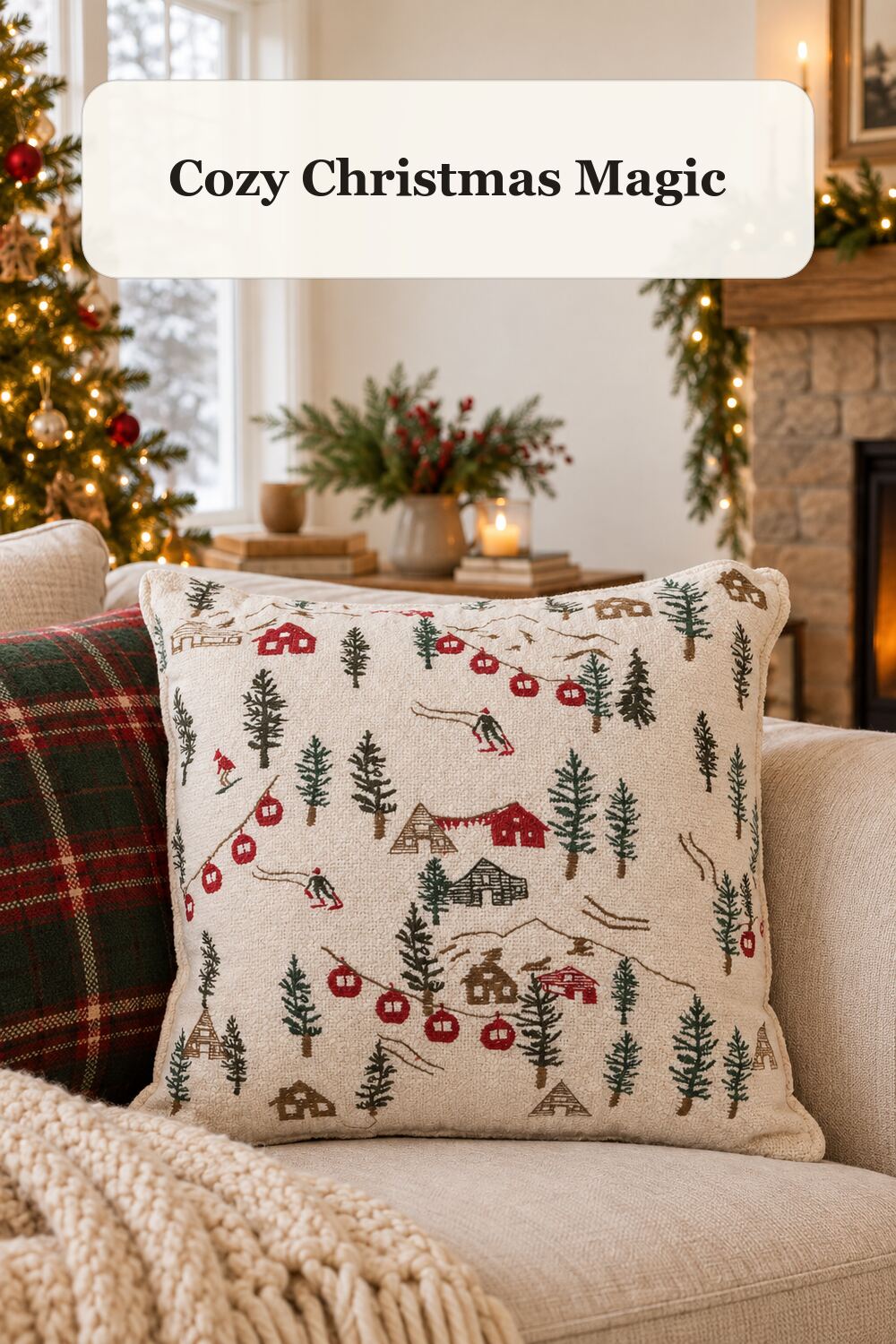 20x20 Embroidery Ski Scene Boucle Pillow styled in a warm, realistic christmas home setting.