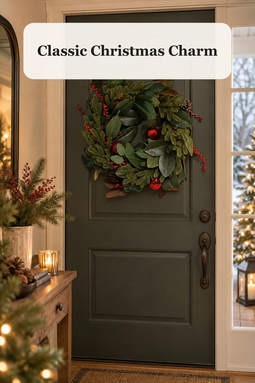 30in Faux Magnolia Wreath styled in a warm, realistic christmas home setting.