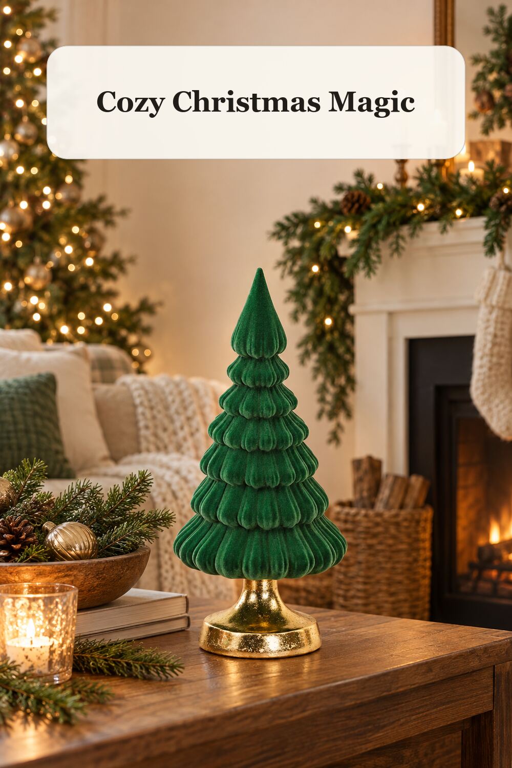 15in Flocked Christmas Tree On Pedestal styled in a warm, realistic christmas home setting.