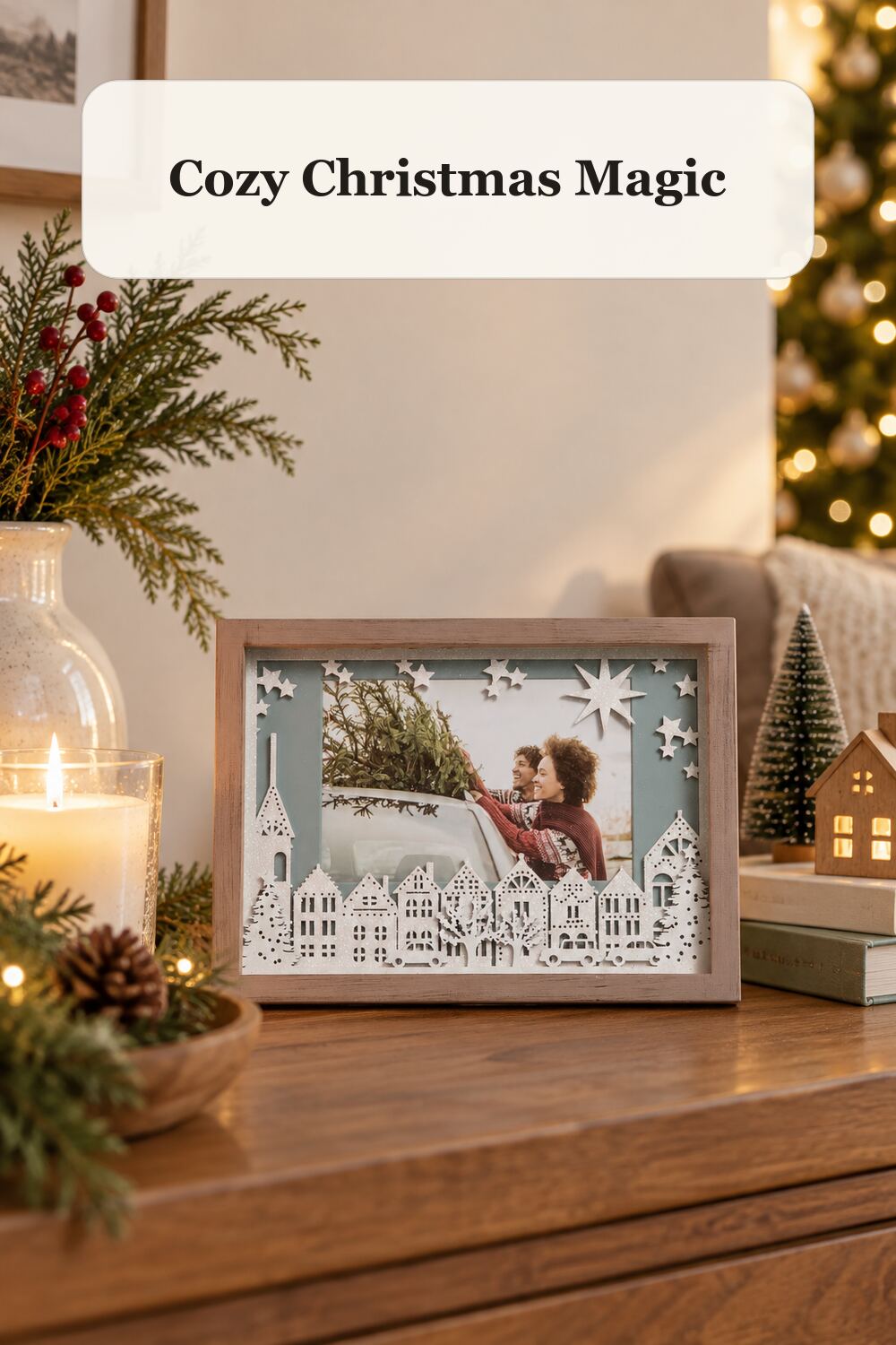 4x6 Village Laser Cut Tabletop Picture Frame styled in a warm, realistic christmas home setting.