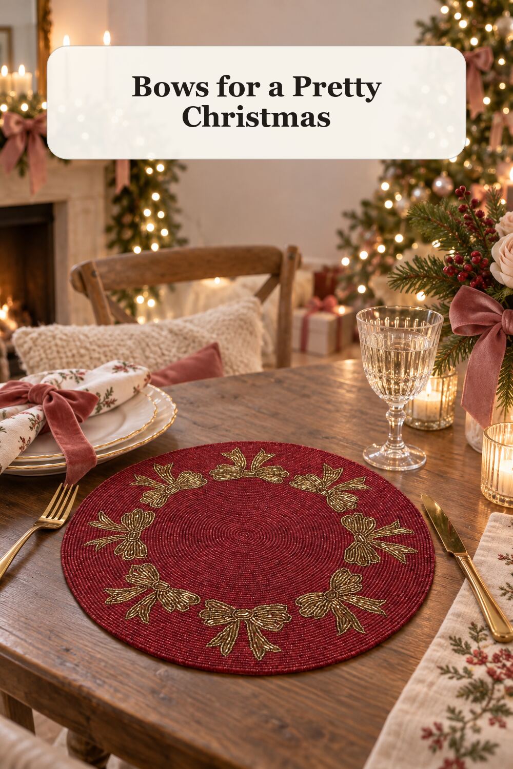 Beaded Bow Border Placemat styled in a warm, realistic christmas home setting.