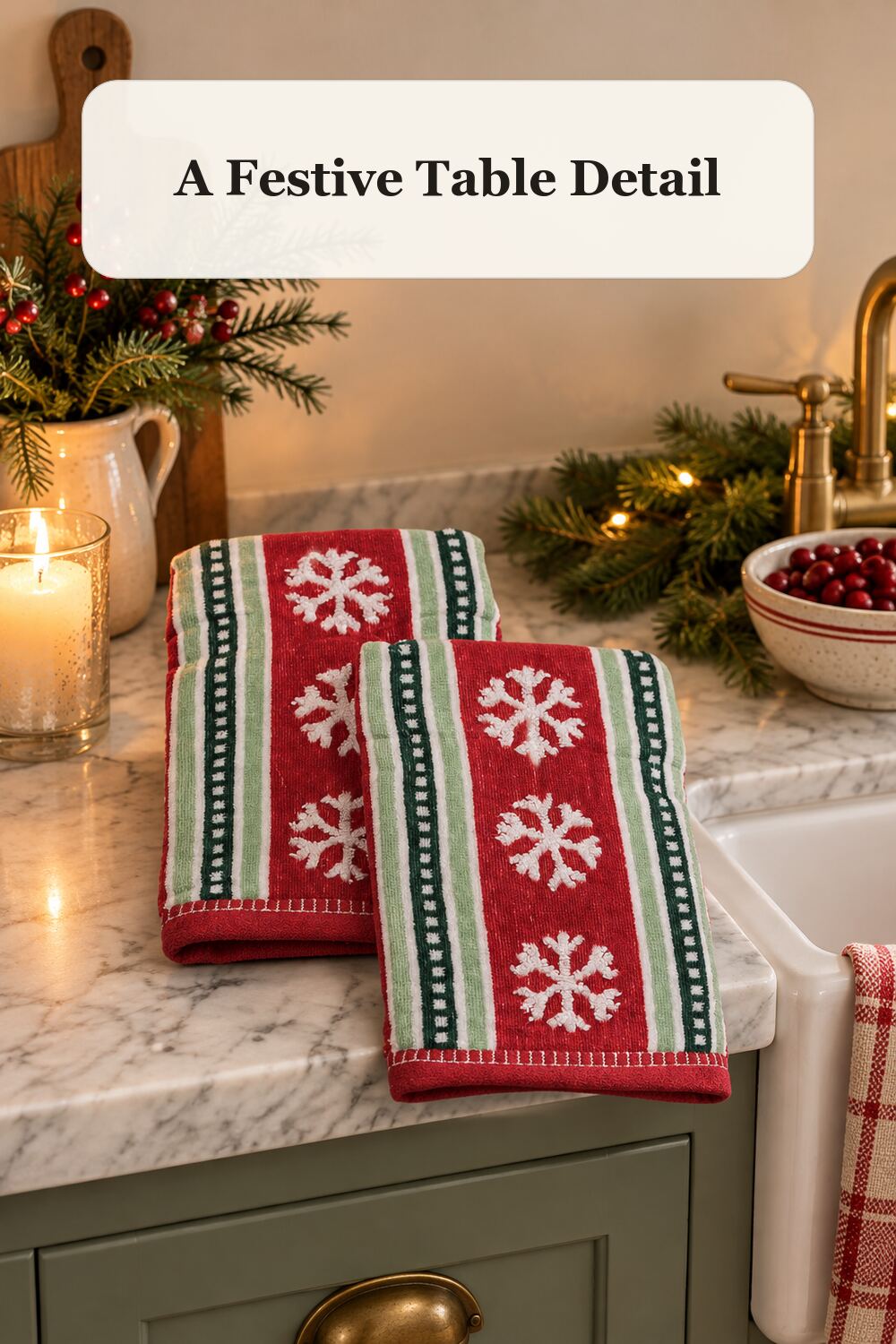 Set Of 2 Vintage Snowflake Stripe Hand Towels styled in a warm, realistic christmas home setting.