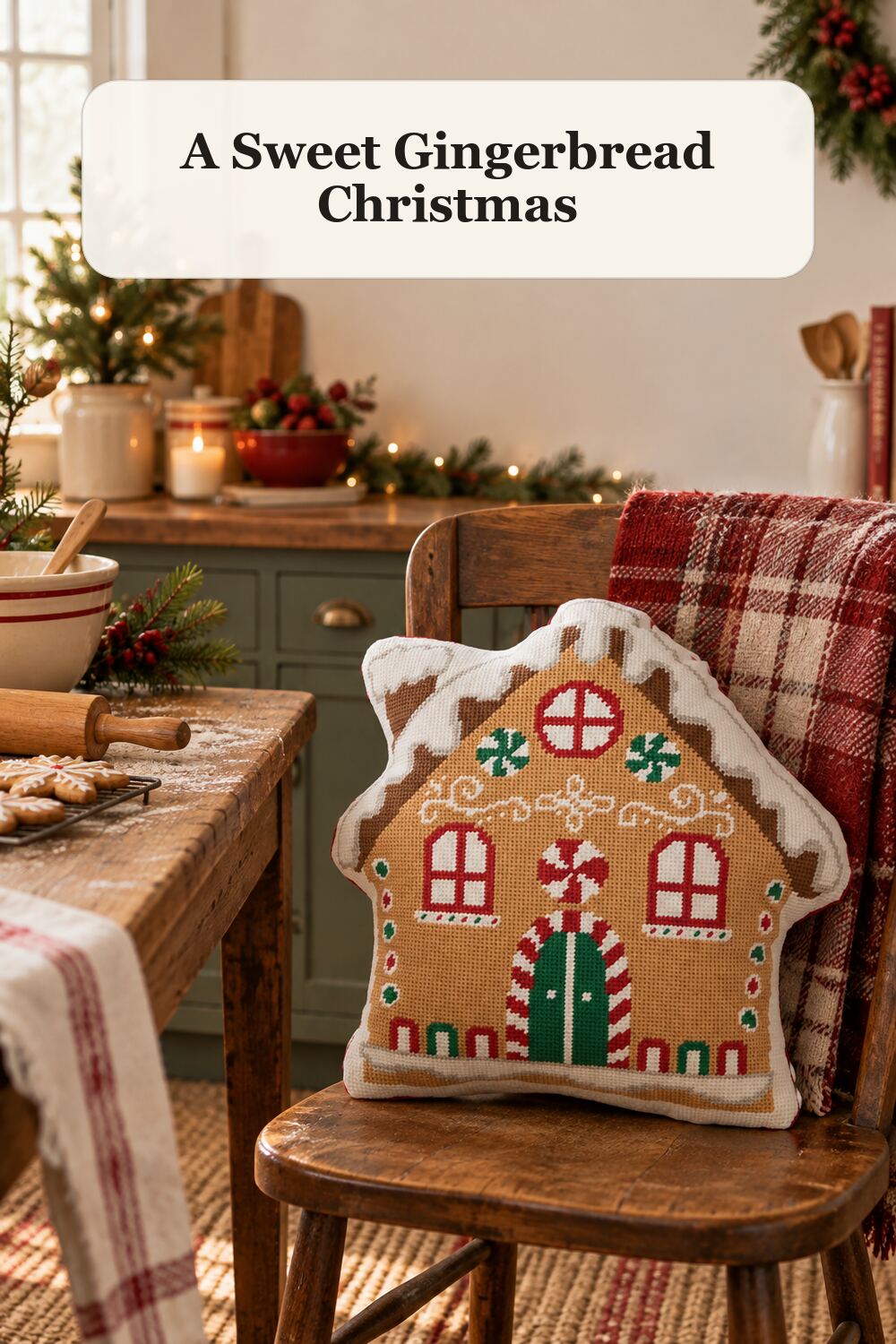 15x15 Gingerbread House Needlepoint Pillow styled in a warm, realistic christmas home setting.