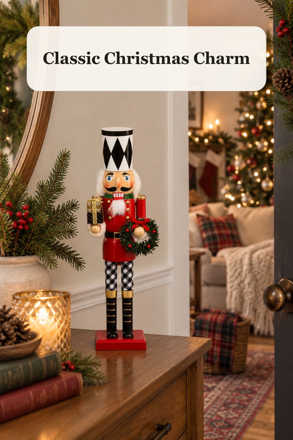 Nutcracker With Gift Box And Wreath styled in a warm, realistic christmas home setting.