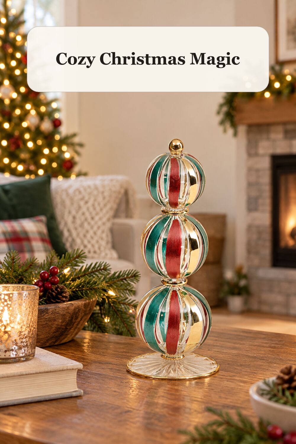 10in Striped Tabletop Ornament styled in a warm, realistic christmas home setting.