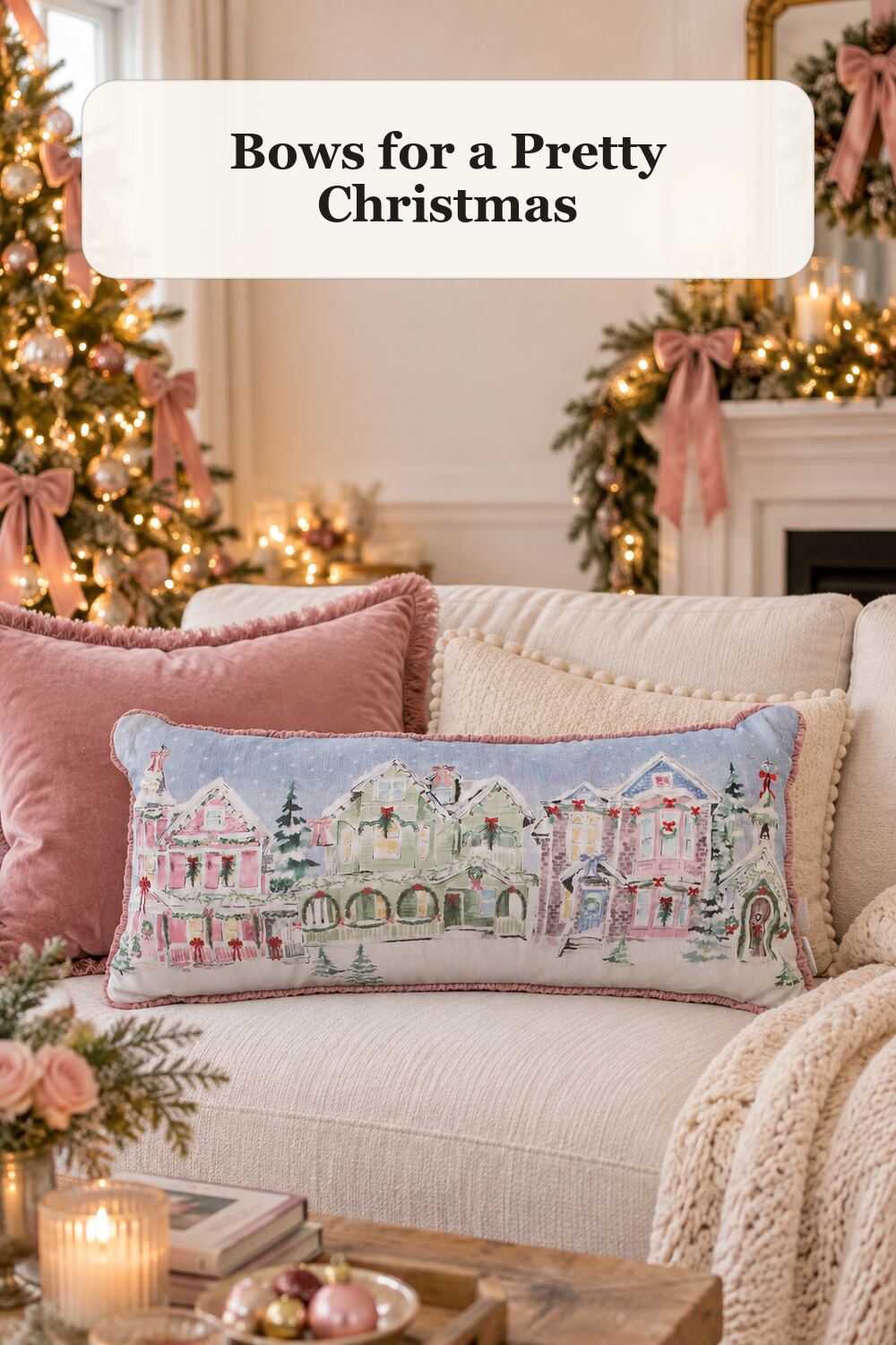 14x30 Coquette Yuletide Scene Pillow styled in a warm, realistic christmas home setting.