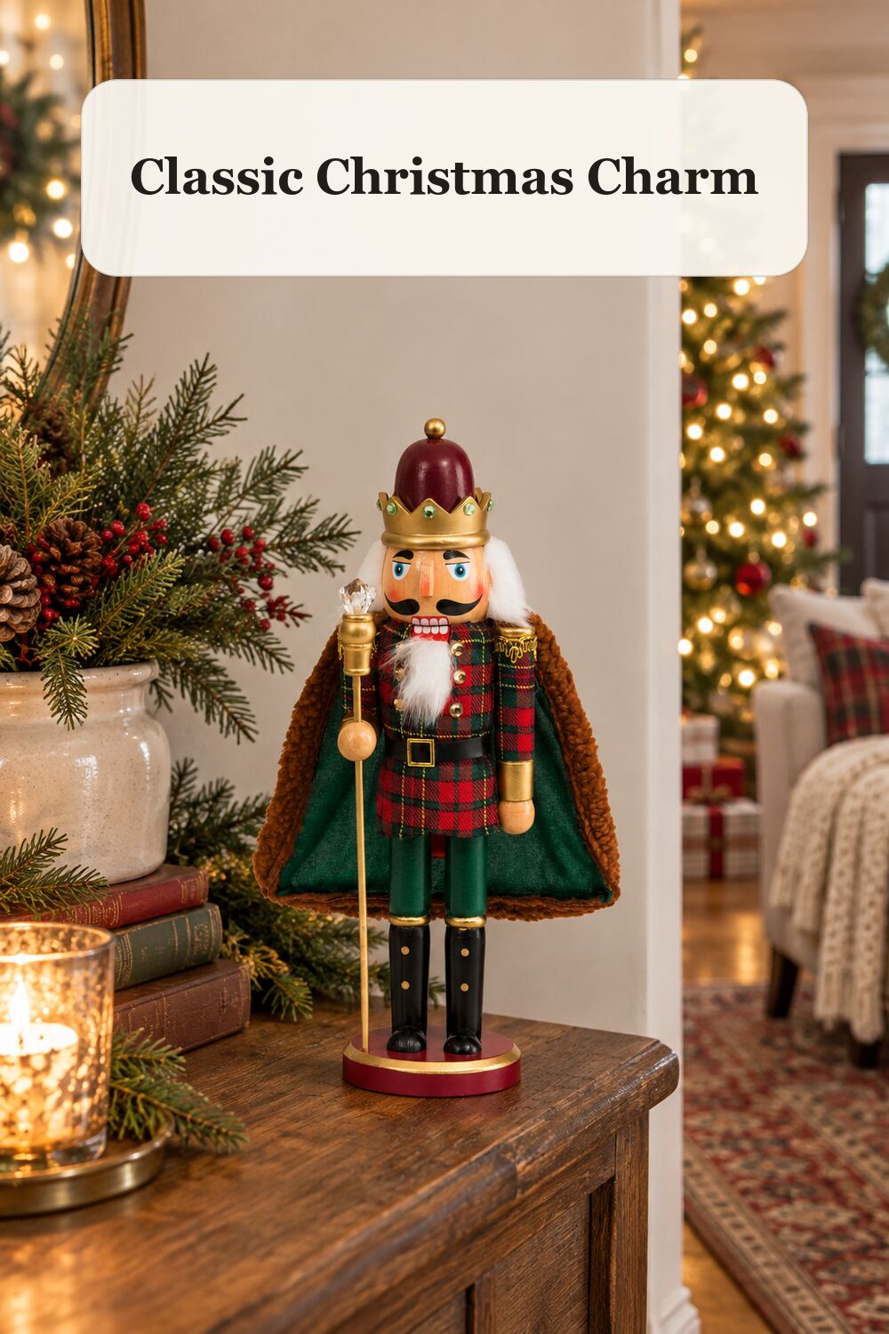 Plaid Santa Nutcracker styled in a warm, realistic christmas home setting.