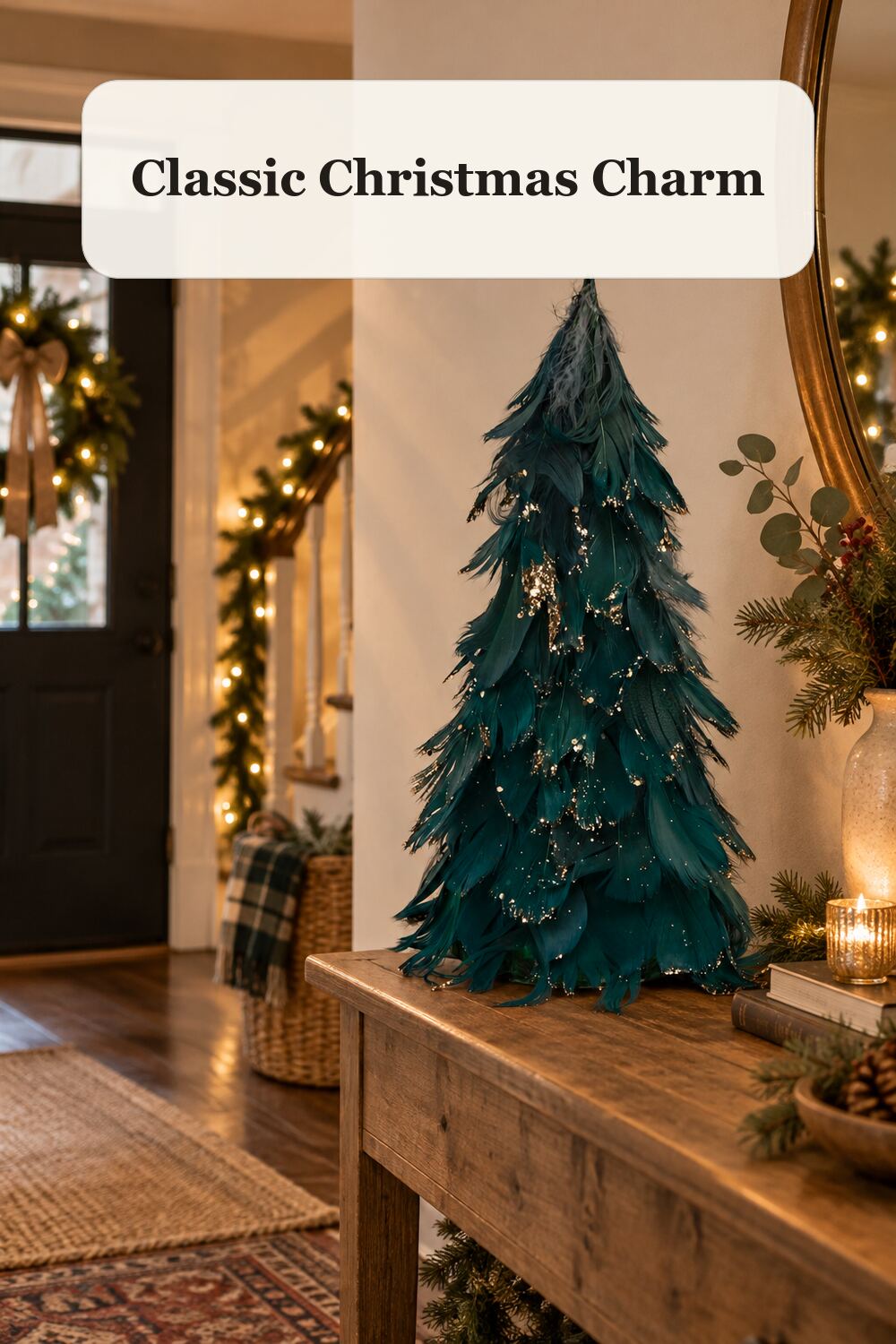 Feather Tree Decor styled in a warm, realistic christmas home setting.