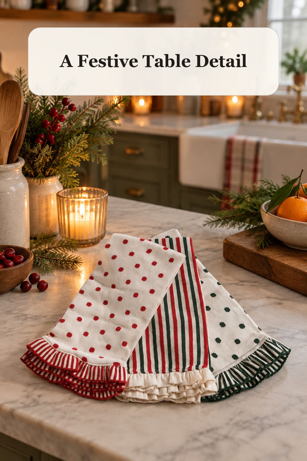 Set Of 3 Polka Dot And Striped Kitchen Towels styled in a warm, realistic christmas home setting.