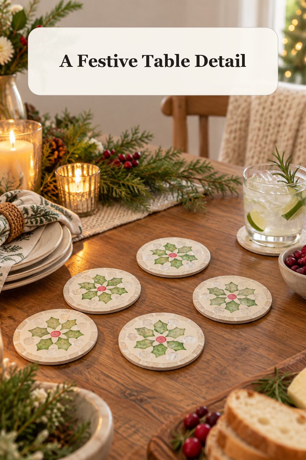 Set Of 6 Holly Capiz Coasters styled in a warm, realistic christmas home setting.