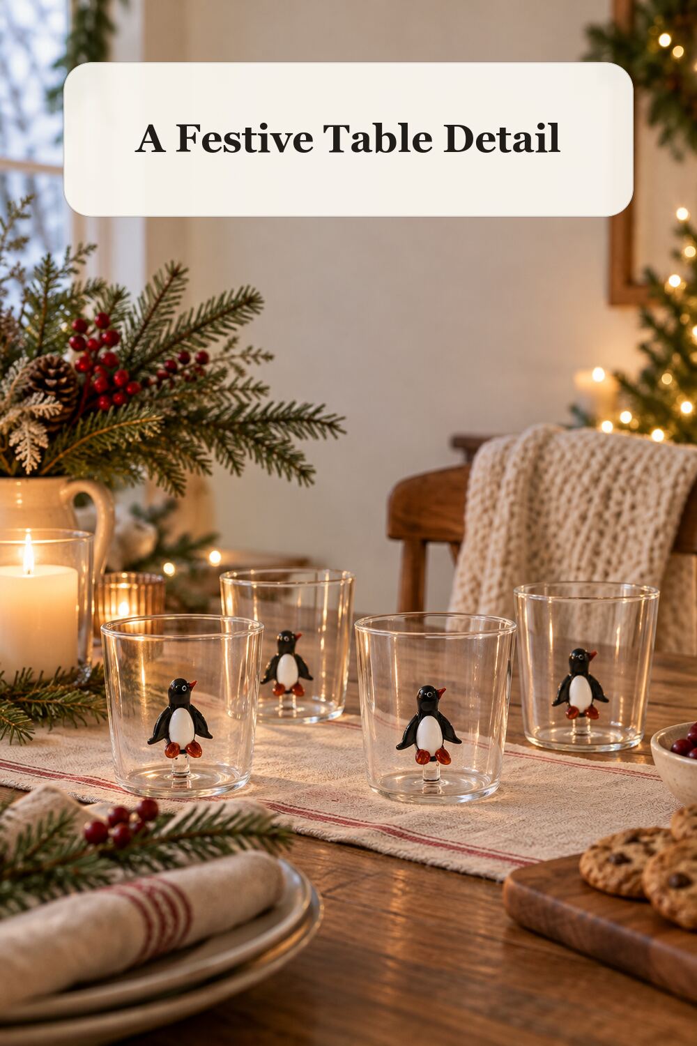 Set Of 4 Penguin Glasses styled in a warm, realistic christmas home setting.