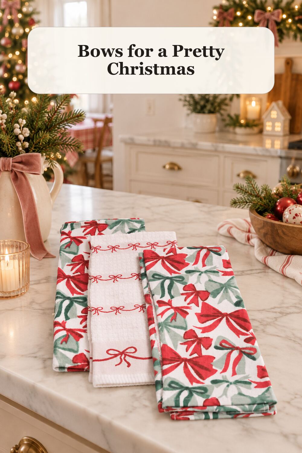 Set Of 3 Bow Kitchen Towels styled in a warm, realistic christmas home setting.