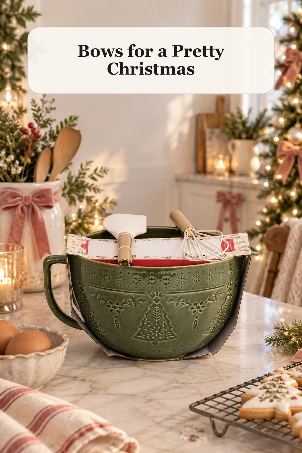 10x8 Crackle Glaze Tree Batter Bowl styled in a warm, realistic christmas home setting.