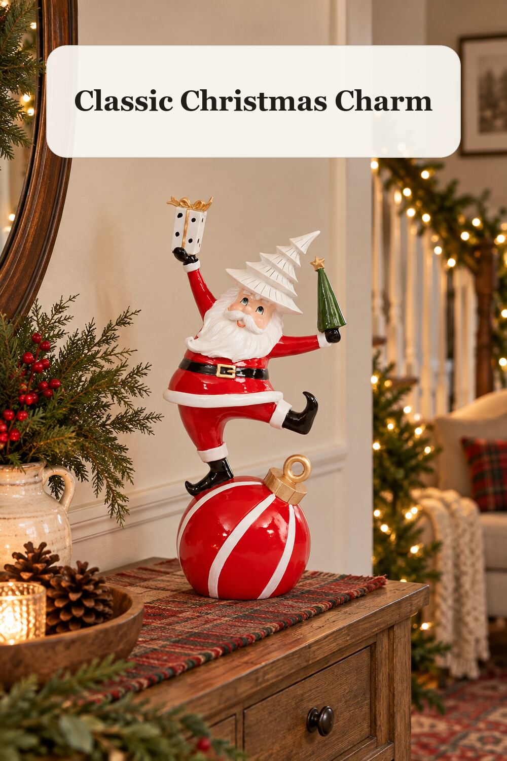 18in Santa On Ornament Decor styled in a warm, realistic christmas home setting.
