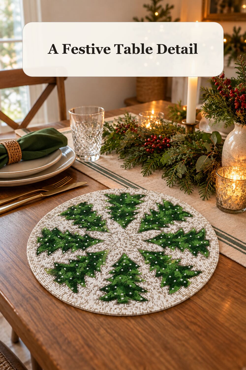 Beaded Tree Border Placemat styled in a warm, realistic christmas home setting.