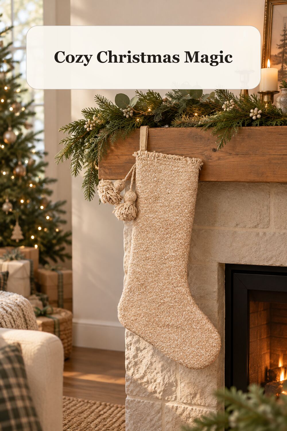 22in Textured Stocking styled in a warm, realistic christmas home setting.