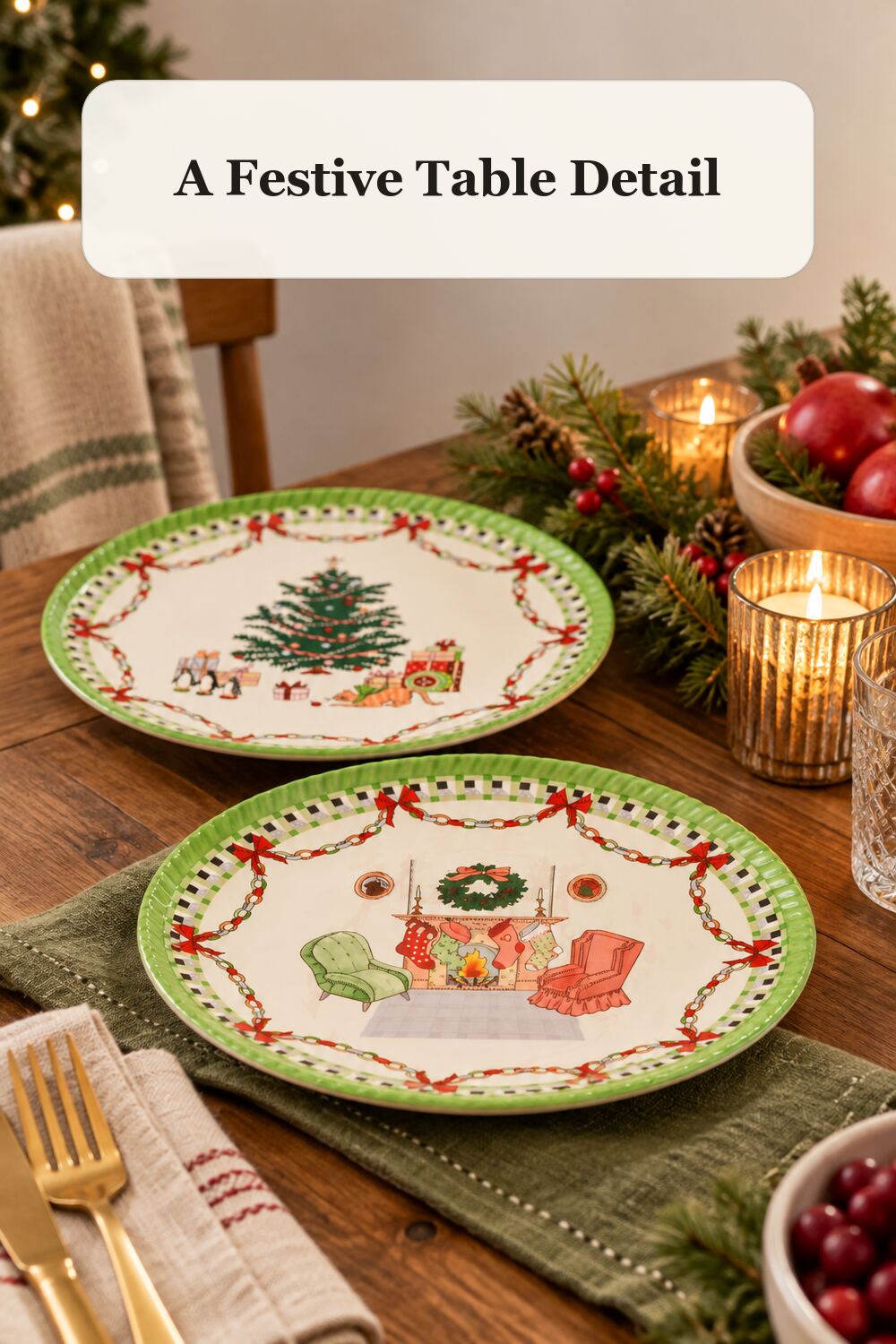 Set Of 2 House Salad Plates styled in a warm, realistic christmas home setting.