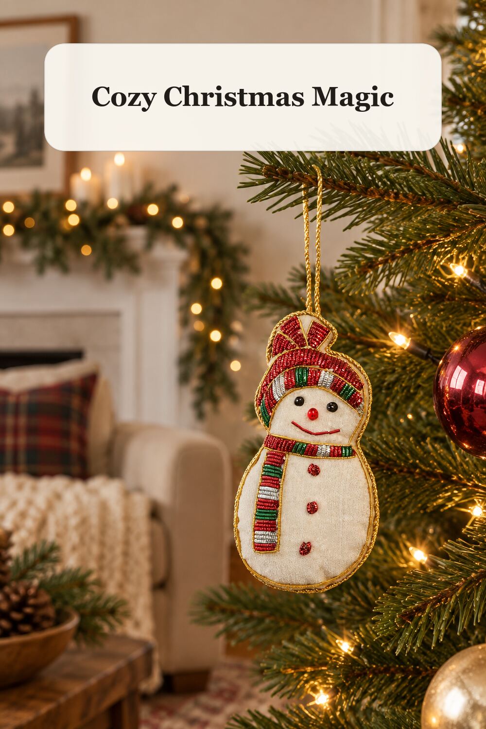 Snowman Hand Beaded Ornament styled in a warm, realistic christmas home setting.