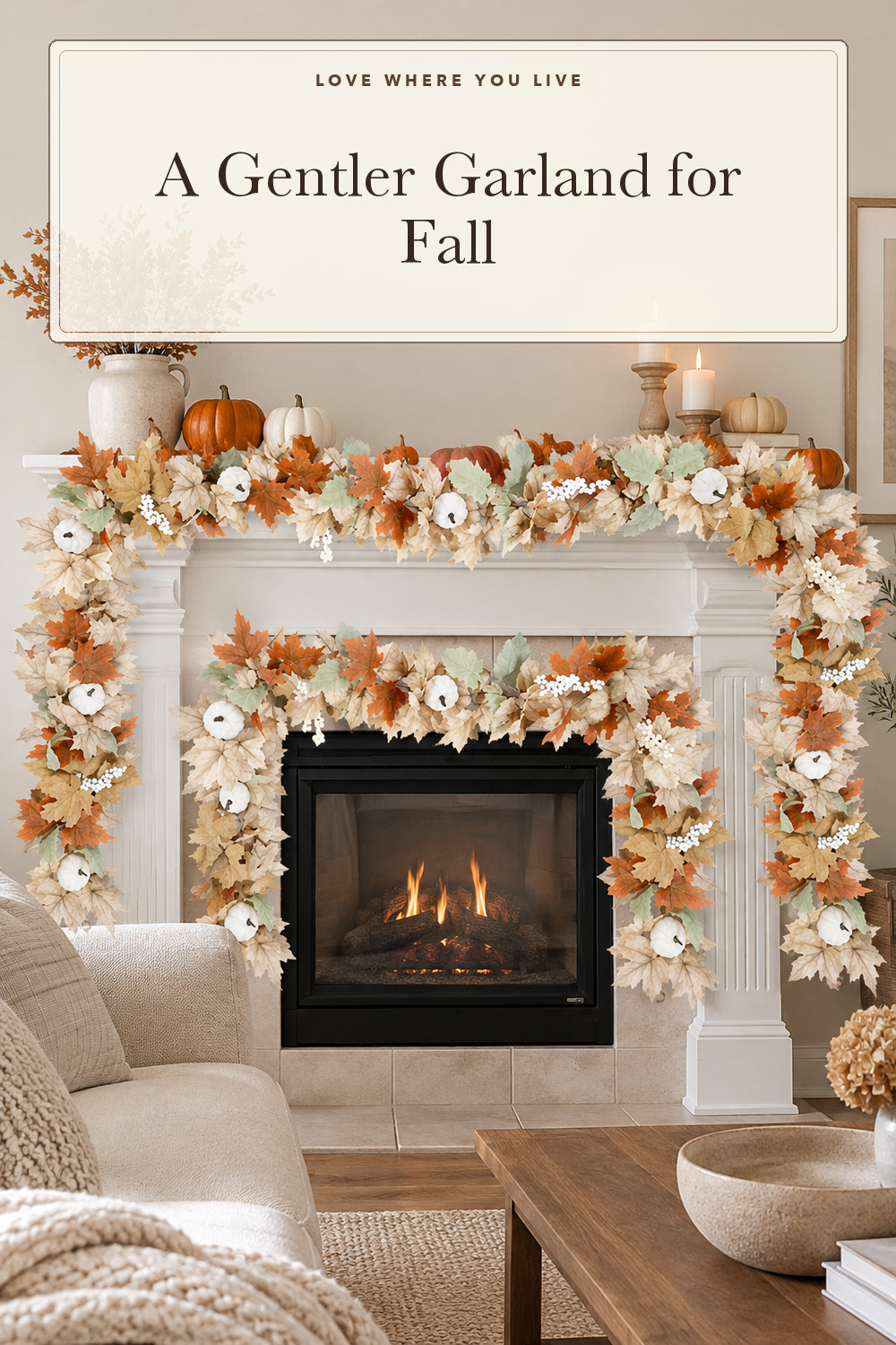 Neutral Fall Garland for Mantle Fireplace - 2 Pack Toatal 18Ft Outdoor Autumn Leaves Decor for Home Front Door with Pumpkins Indoor Maple for Farmhouse Stairs Porch Halloween Thanksgiving Decorations; styling inspiration