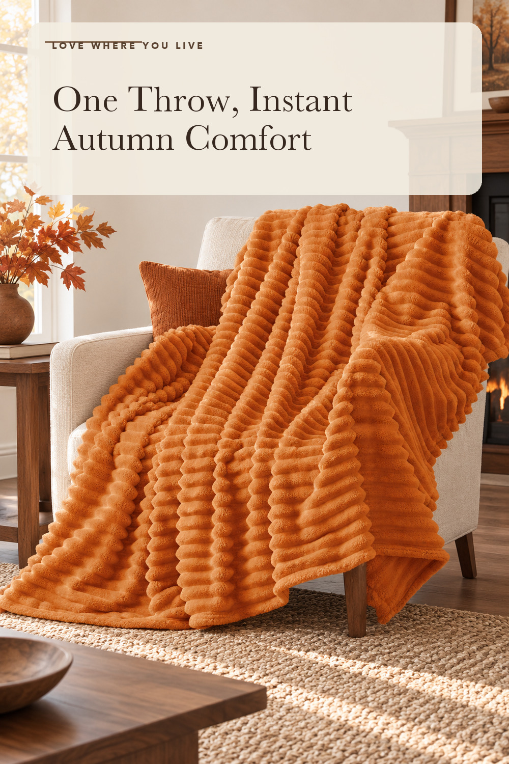BEDELITE Ribbed Fleece Fall Throw Blanket, Burnt Orange, 50"x60"; styling inspiration