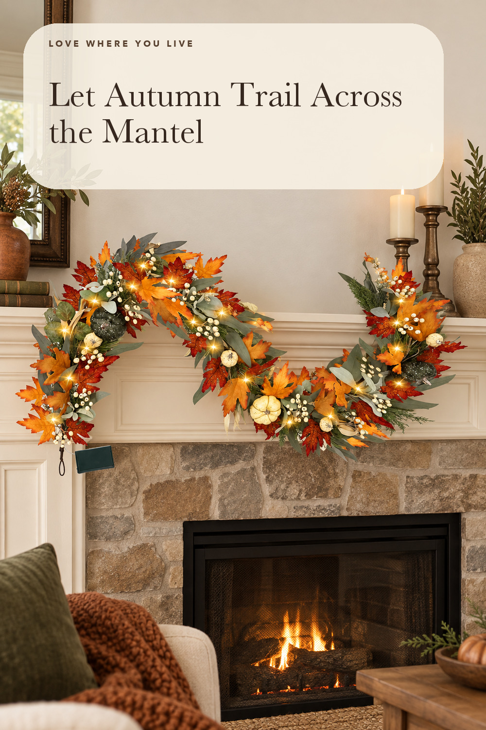 Realistic Fall Garland for Mantle 6 Ft Fall Maple Leaves Garlands with Lights/Timer Pumpkin Garland for Thanksgiving Outdoor Indoor Table Fireplace Autumn Decor Fall Decorations for Home Porch; styling inspiration