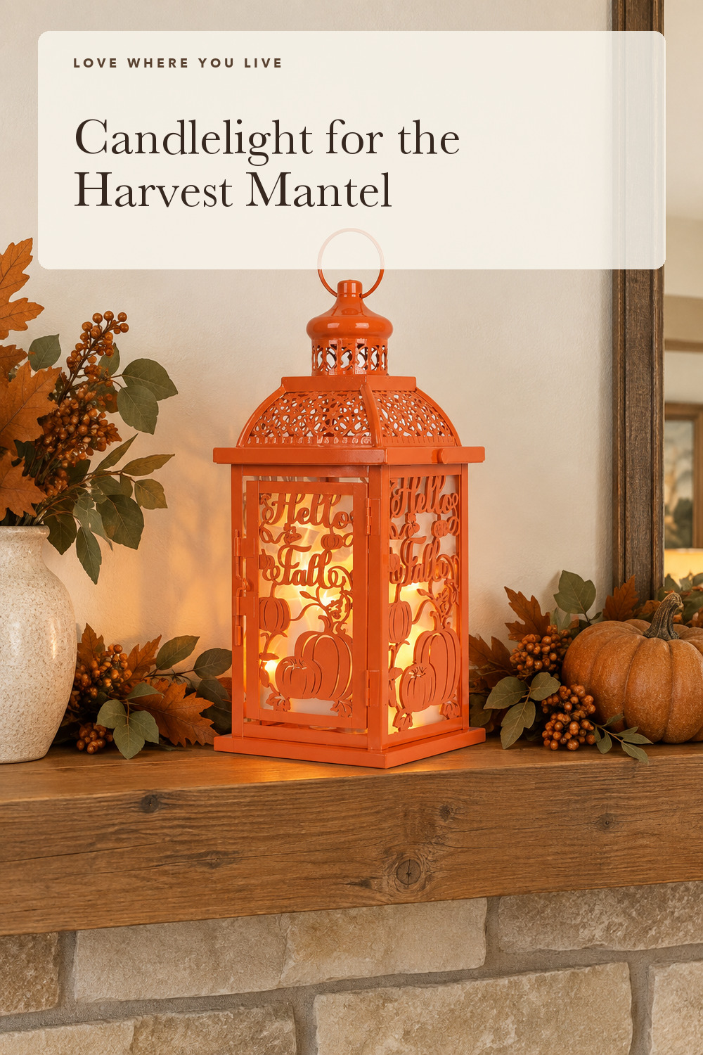 NEEDOMO Fall Decorations for Home, Orange Decorative Candle Lantern for Tabletop Mantel Decor, Vintage Metal Lantern Candle Holders for Indoor Outdoor Decor, Halloween,Thanksgiving,Autumn(Orange); styling inspiration