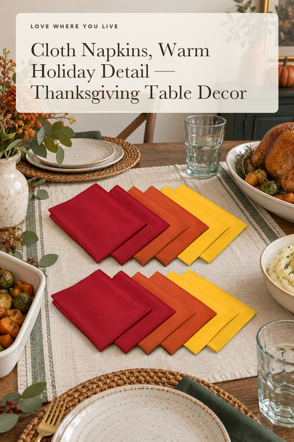 TableLinensforLess Thanksgiving/Fall Cloth Napkin Sets (12 Pack, Gold/Burnt Orange/Red); styling inspiration