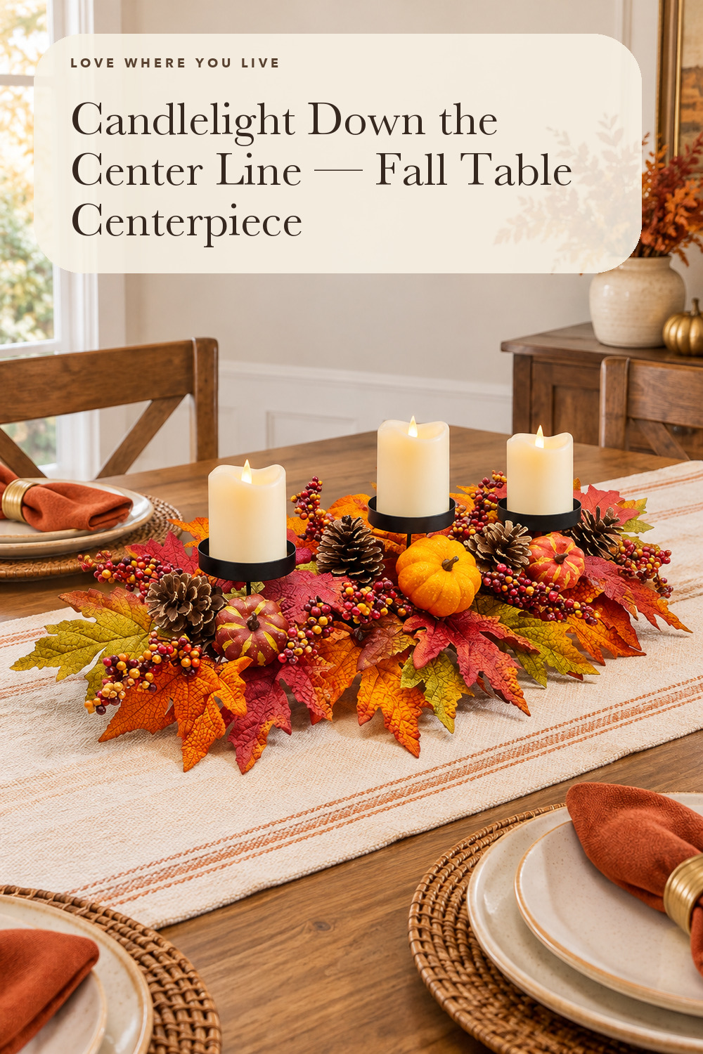 Fall Centerpiece Table Decorations, 27.5'' L Assorted Artificial Pumpkins, Pine Cones, Berries, and Autumn Leaves Harvest Table Candle Holder for Dinning Table, Fireplace Mantel (Candle Not Included); styling inspiration
