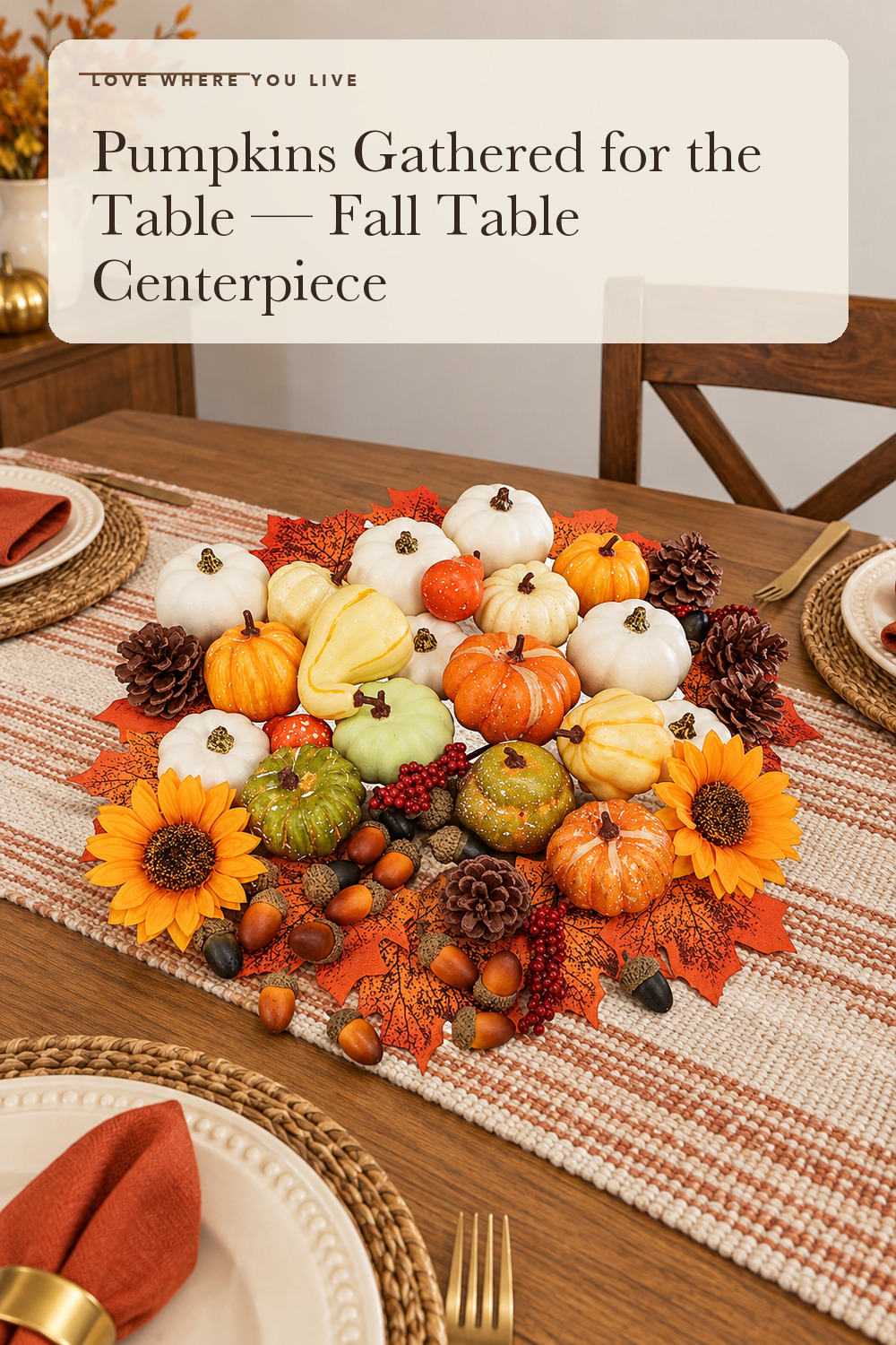 Winlyn 60 Pcs Assorted Small Artificial Pumpkins and Gourds with Acorns Pinecones Maple Leaves Sunflowers Fall Harvest Decoration Set for Thanksgiving Halloween Bowl Filler Table Centerpiece Wreaths; styling inspiration