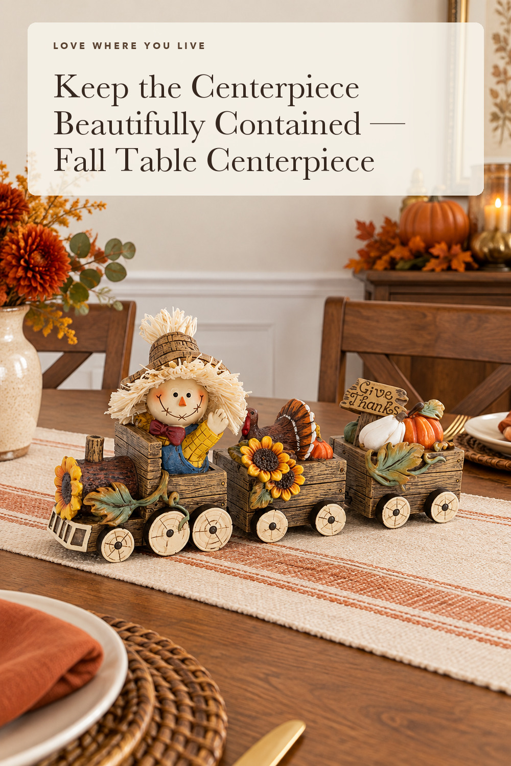 Hodao Fall Harvest Scarecrow Train Decoration, Thanksgiving Centerpiece; styling inspiration