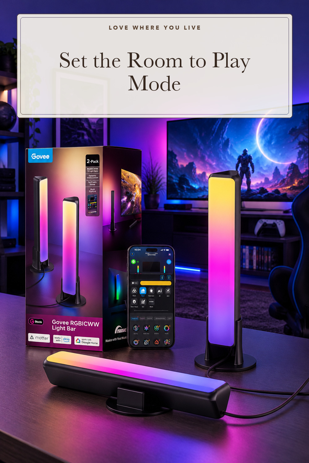 Govee Smart Light Bar, RGBICWW TV Lights for Living Room, Gaming, Black; styling inspiration