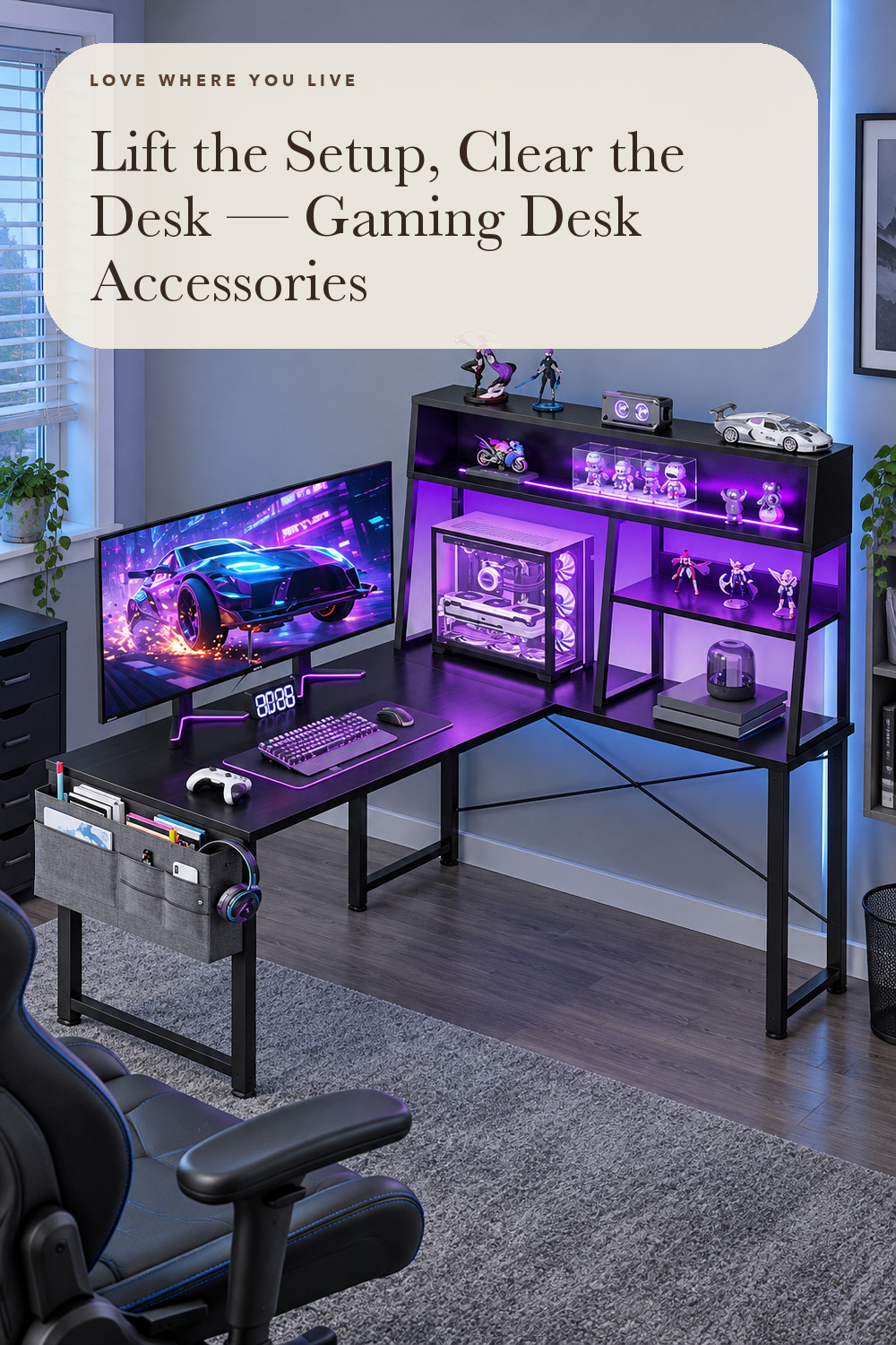 AODK 51 Inch L Shaped Gaming Desk with Display Shelves, LED Lights, Black; styling inspiration