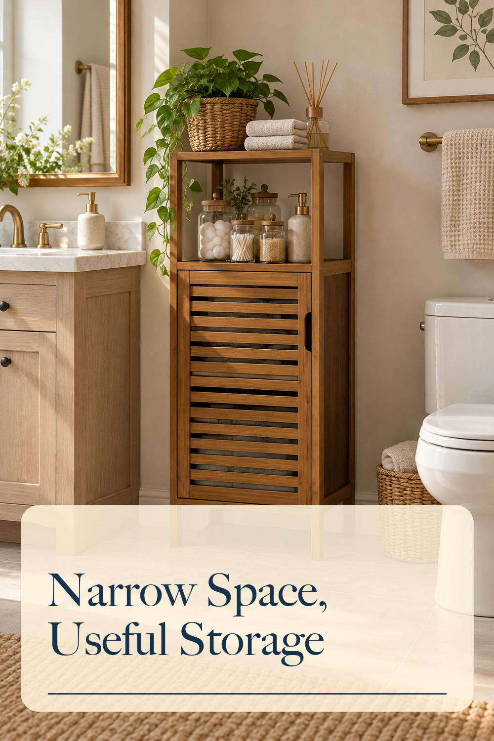 Bathroom Cabinet, Bamboo Floor Cabinet Free Standing, 4 Tier Sofa Side Storage Cupboard for Living Room Kitchen Entryway, Walnut; styling inspiration