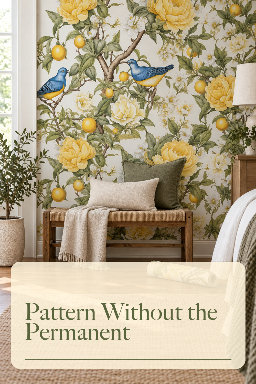 Danodoi Yellow Vintage Lemon Bird Peel and Stick Wallpaper 17.5" x 118"; styling inspiration
