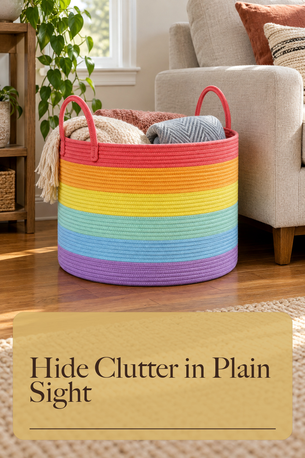 Large Woven Blanket Basket, 67L Cotton Rope Laundry Basket; styling inspiration