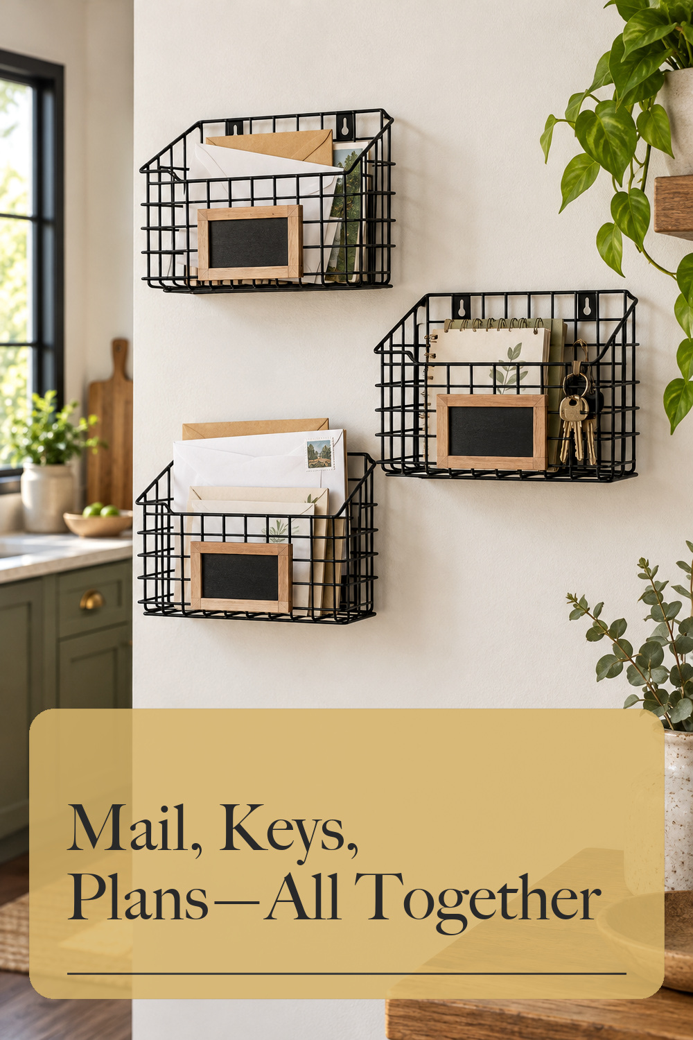 MyGift 10 Inch Wall Mounted Matte Black Metal Wire Storage Baskets with Chalkboard Labels, Small Hanging Organizer Bins for Home Entryway Kitchen Pantry Closet, Set of 3; styling inspiration