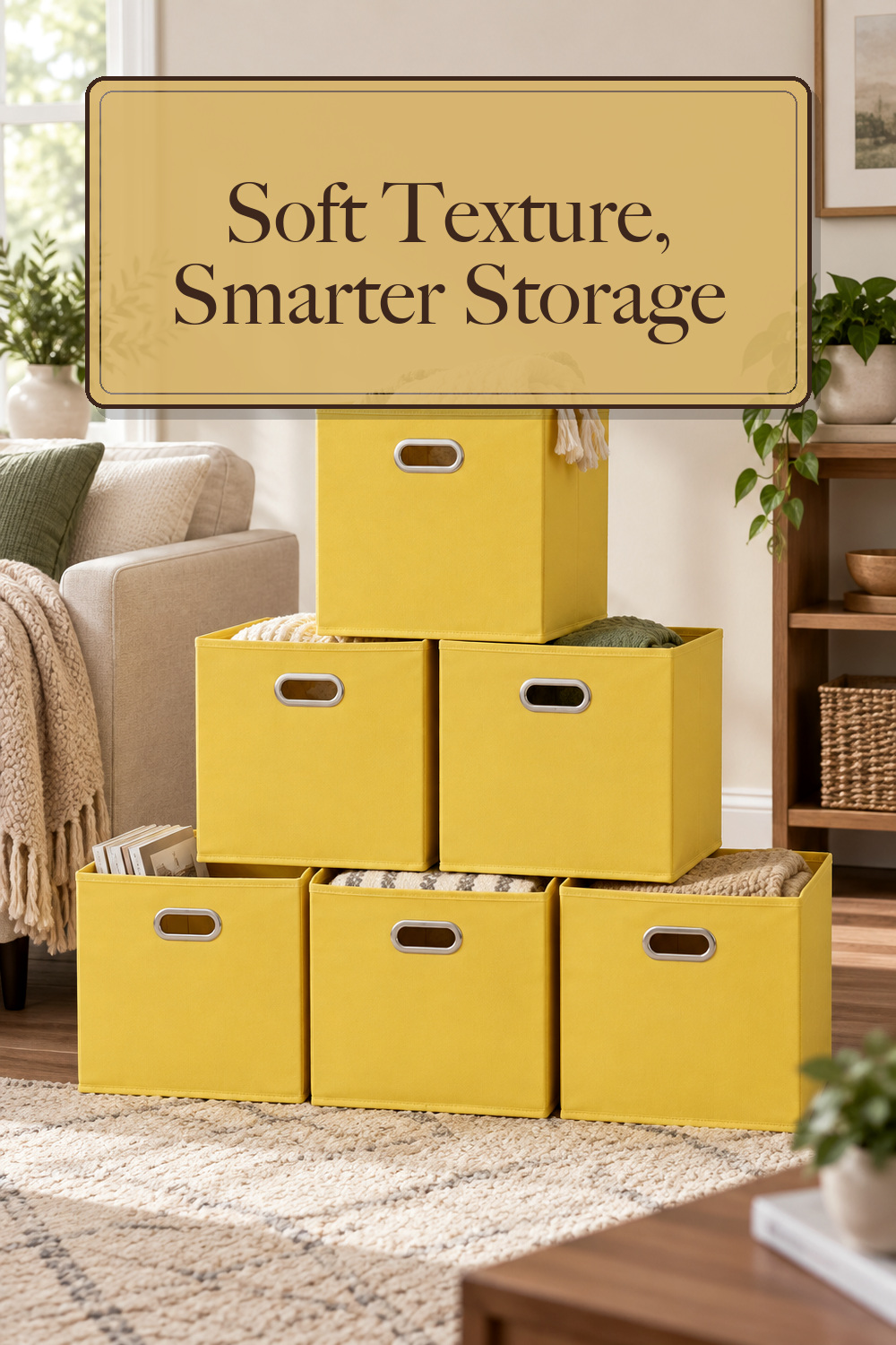 Household Essentials 6 ct Open Fabric Cube Storage Bins, Golden Yellow; styling inspiration