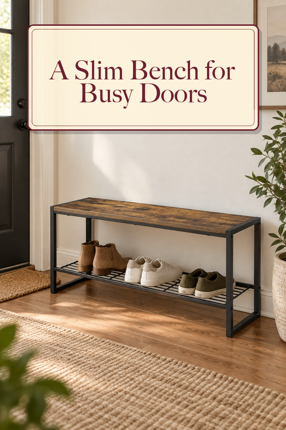 Whitmor Entryway Bench, 35.5 Inch Modern Industrial Shoe Bench with Storage Shelf, Wood and Metal Shoe Rack Bench Seat for Entryway, Hallway, Living Room, Bedroom, Rustic Brown; styling inspiration