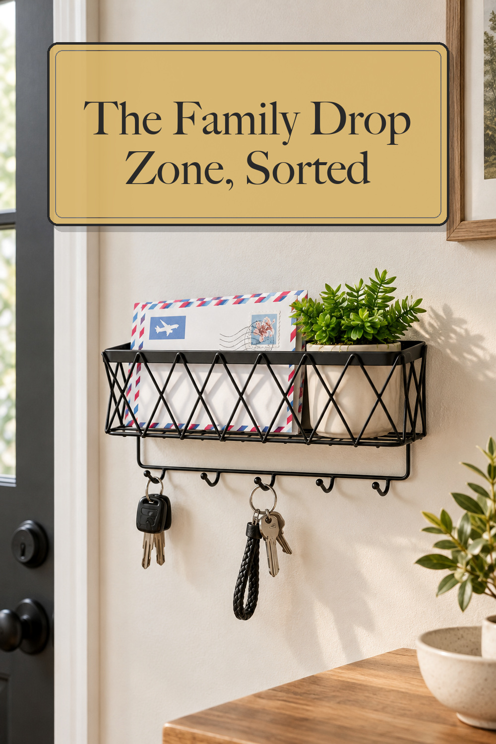 Key Holder Wall Mount Adhesive- Key and Mail Holder for Wall with 5 Hooks, Wall Mounted Mail Organizer and Key Rack, Modern Basket Key Hanger for Entryway, Home, Living Room Wall Decor, Black; styling inspiration
