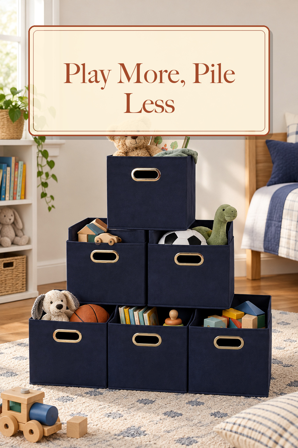 Household Essentials Fabric Storage Bins 6 Piece Set, Strong Poly-Woven Fabric, Sturdy Chipboard Sides, Grommet Front Handle, Stackable and Foldable, Classic Design, Navy; styling inspiration