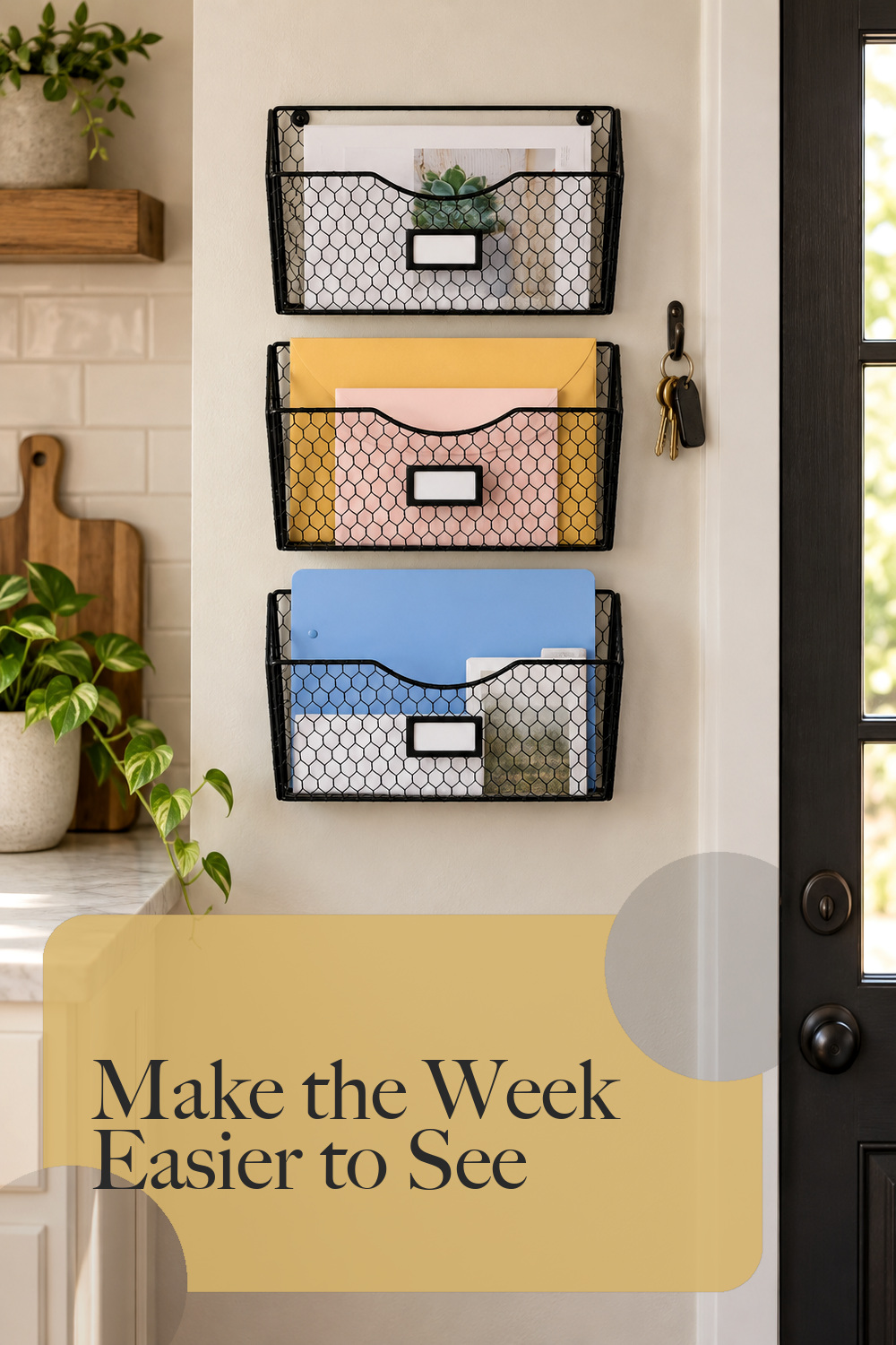 Mass 3 Pockets Hanging File Holder Wall Mount Mail Organizer Metal Chicken Wire Magazine Rack with Tag Slot, Black; styling inspiration