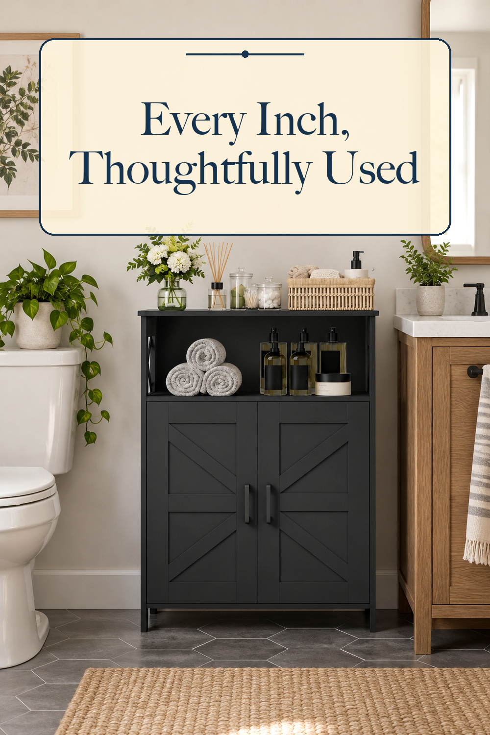 Farmhouse Bathroom Storage Cabinet with Doors, Small Floor Cabinet; styling inspiration