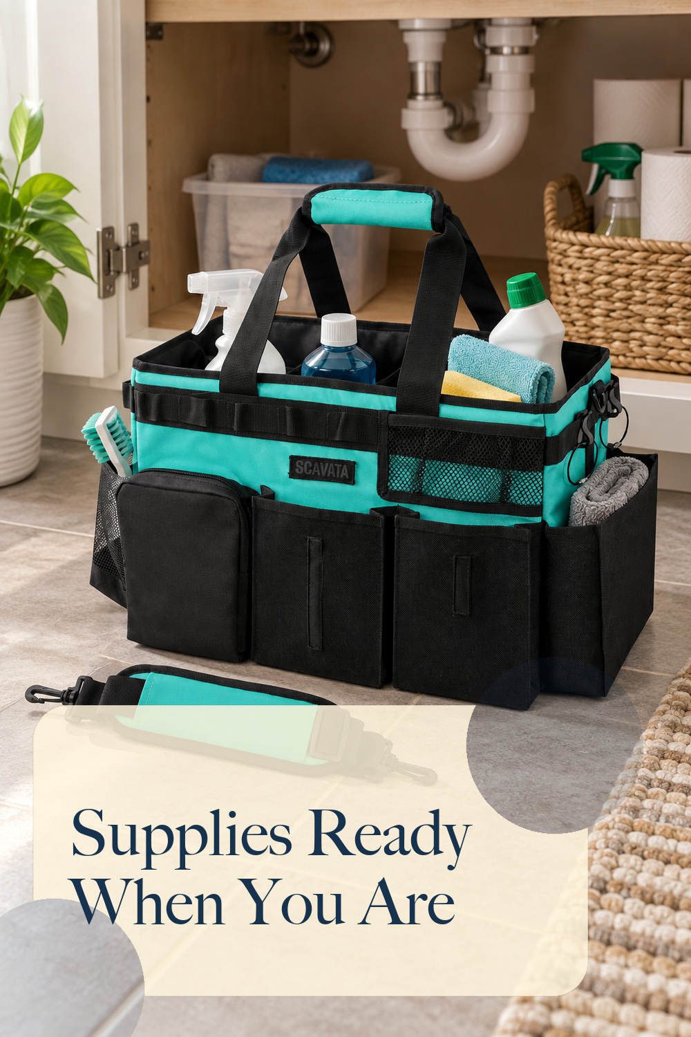 SCAVATA Wearable Cleaning Caddy Bag, Cleaning Caddy Supplies Organizer with Handle & Shoulder Straps for Housekeepers, Under Sink & Car Cleaning Tool Organizers with 4 Foldable Divider (Lake Blue); styling inspiration
