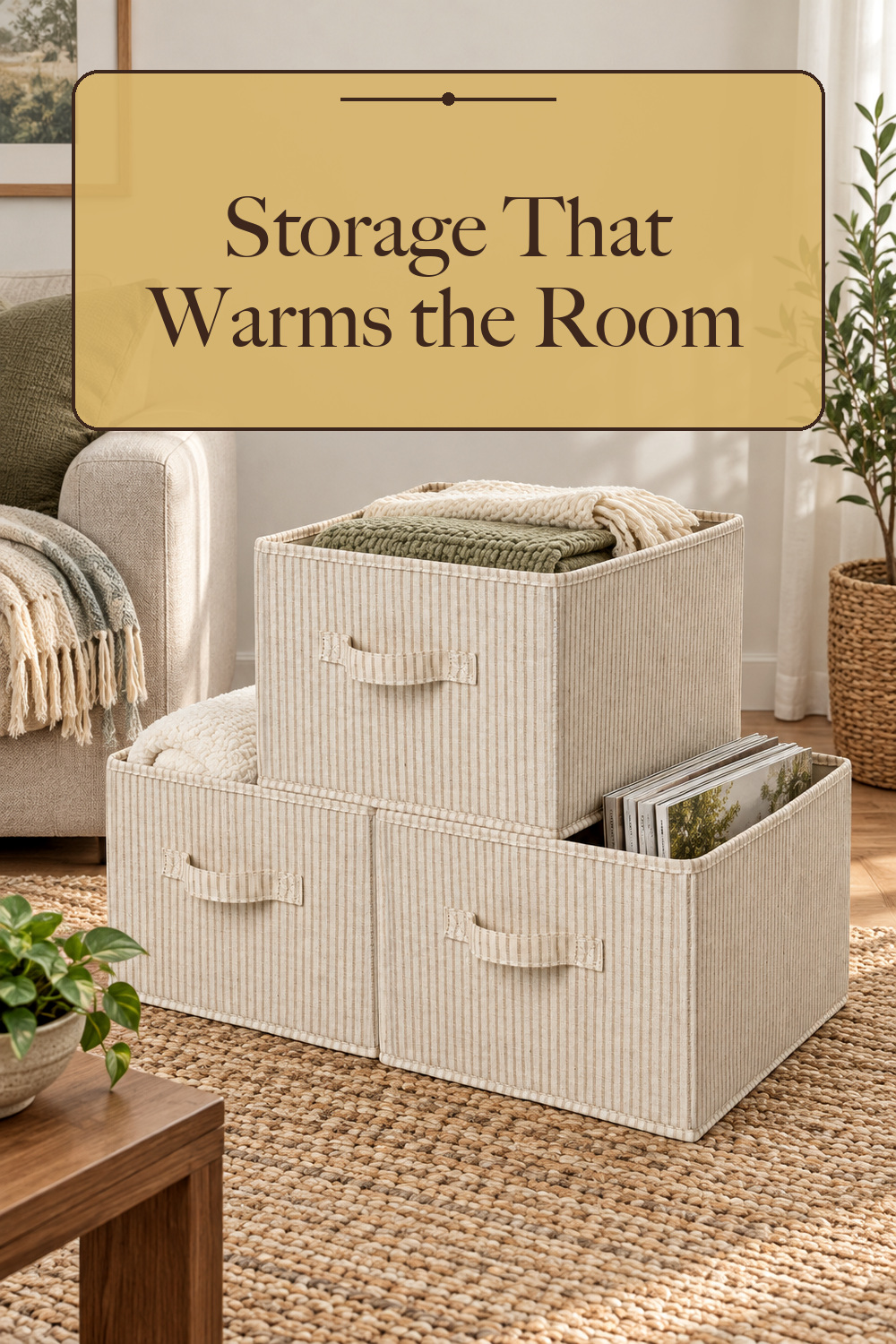 StorageWorks Shelf Organizer Bins, Khaki & Beige Stripes, 3-Pack, Large; styling inspiration