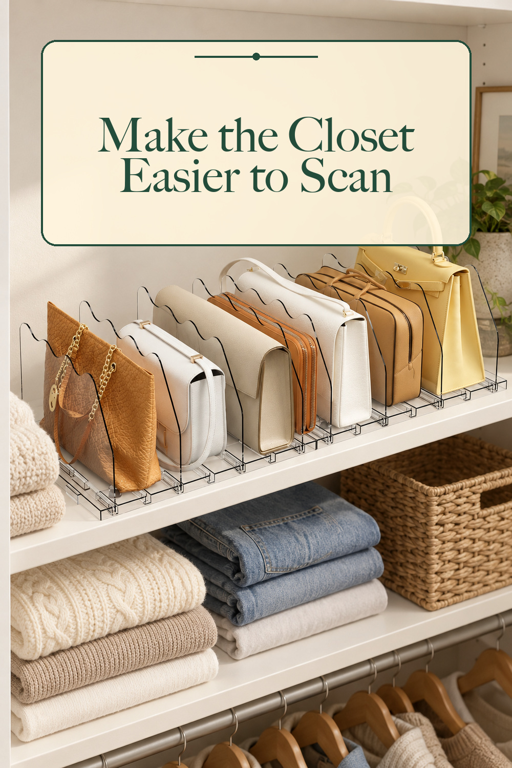 SPACEKEEPER Adjustable Shelf Divider for Closet, Clear Purse Organizers for Closet Acrylic Handbag Separators Storage Organizer Bookshelf Separator Dividers in Bedroom, Office; styling inspiration