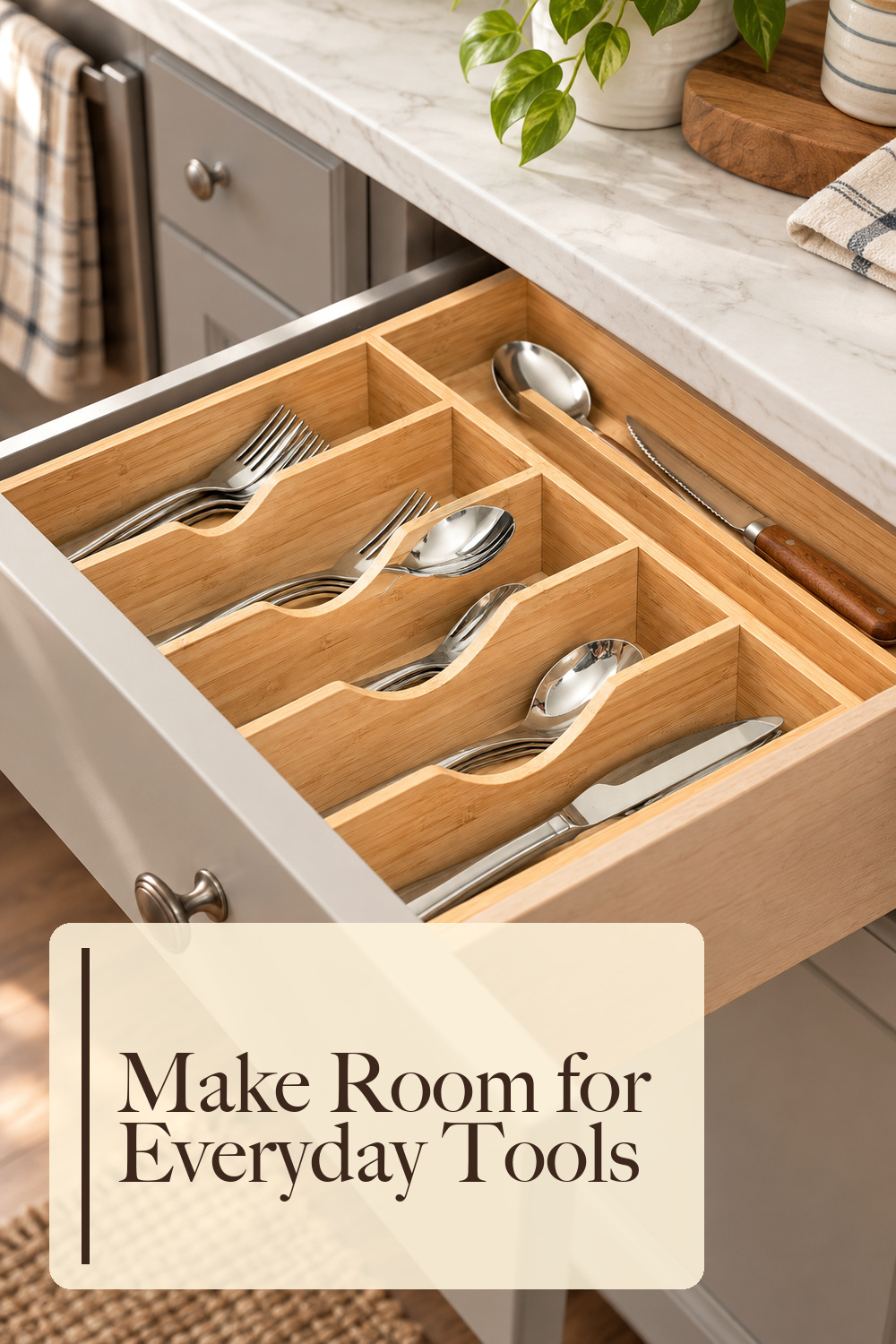Bamboo Kitchen Drawer Organizer, 13 Inch Silverware Utensil Tray Holder, Extra Deep Grooved Drawer Divider, 7 Slots Total Bamboo Wood Caddy for Flatware Cutlery Knives, Forks, Spoons; styling inspiration