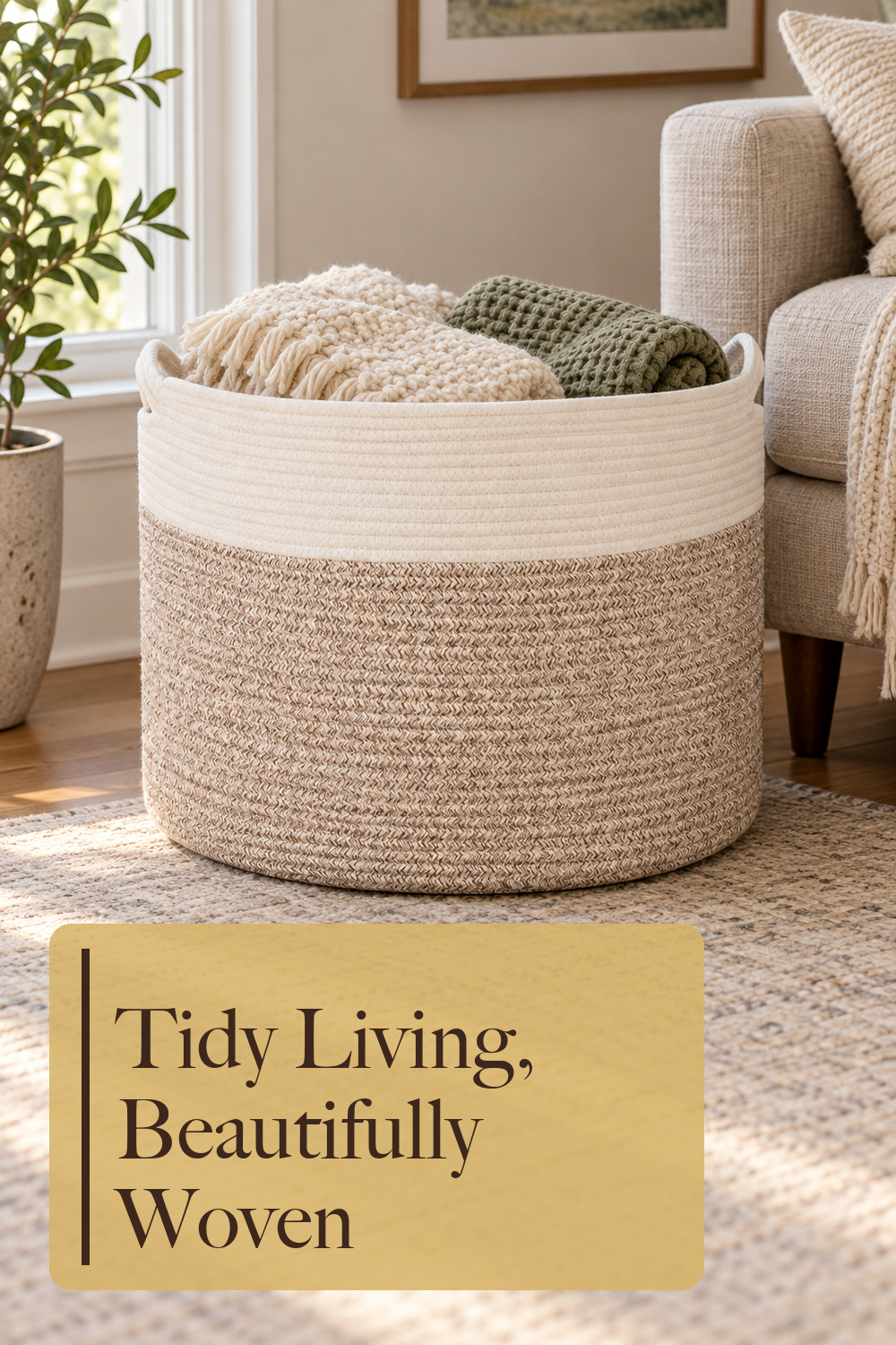 Extra Large 22 x14 Inches Decorative Woven Cotton Rope Blanket Storage Basket Bin Living Room and Laundry Hamper for Pillows, Pool Towels, Dog Toys, Shoes, Light Brown; styling inspiration