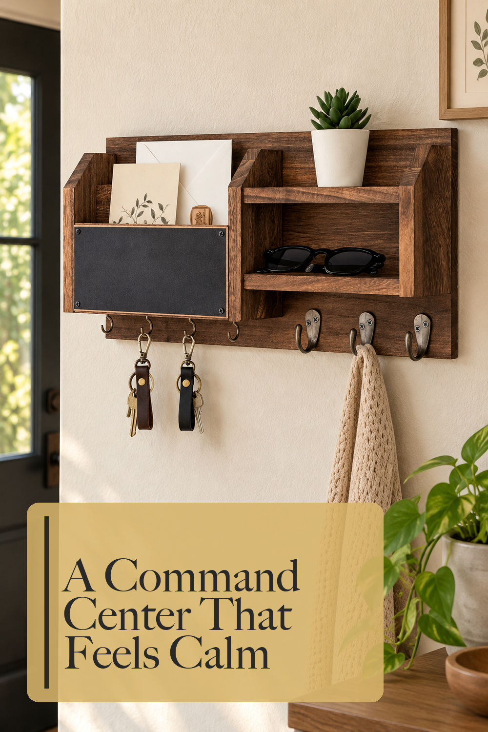 Lwenki Mail and Key Holder – Wall Mount Key Hanger with Shelf and 7 Metal Hooks – Decorative Natural Paulownia Wood Entryway Organizer with Mounting Hardware (16.5”W x 8.7”H x 3.5”D) (Brown); styling inspiration